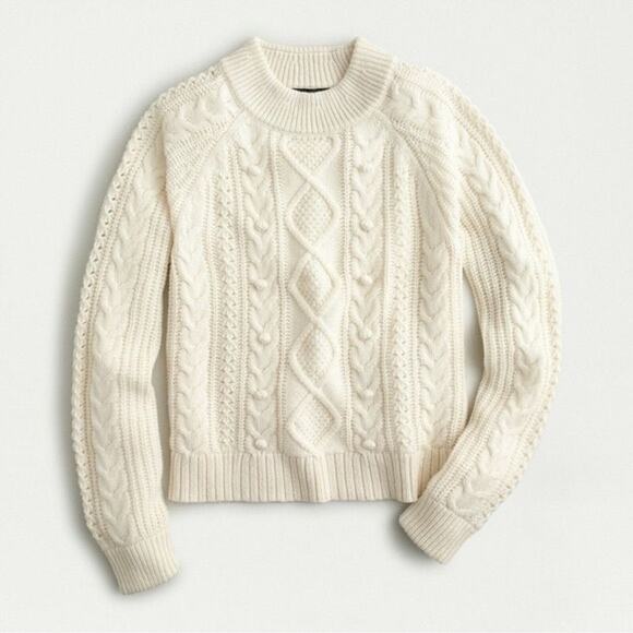 J. Crew Sweaters - J. Crew Mock Neck Pom Pom Cable Knit Sweater White Medium Preppy Old Money
